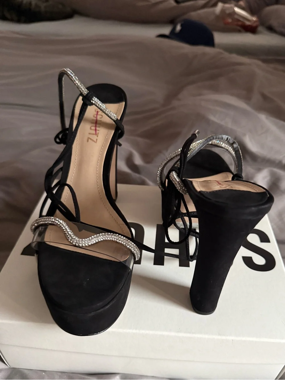 SCHUTZ Black Suede Brilliant platform sandals with Crystal and Clear Strap